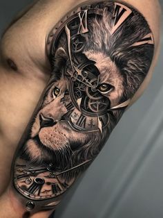 a man's arm with a clock and lion tattoo on the left side of his body