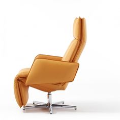 an orange reclining chair with chrome legs and footrests on a white background