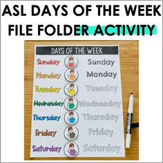 a poster with the words asl days of the week file folder activity on it