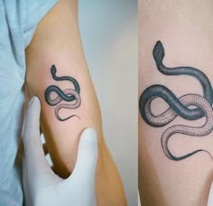 two pictures of the same tattoo on someone's arm, one with a snake