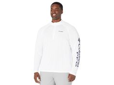 Columbia Big Tall PFG Terminal Tackle 1/4 Zip - Men's Long Sleeve Pullover : White/Nightshade Logo : An angler's technical long-sleeve tee, featuring quick-drying, ultra-wicking fabric with UPF 50 sun protection. Perfect under a T-Shirt or on its own from Columbia. Omni-Wick technology: • Transports energy-sapping perspiration away from the skin. • Disperses moisture through the fabric for quick evaporation. Long sleeves. Crew neckline. Straight hemline. Brand logo at chest and sleeve. 100% poly White Breathable Tops For Outdoor Activities, Breathable White Tops For Outdoor Activities, Casual White Rash Guard For Sports, White Rash Guard With Upf 50+ For Sports, White Rash Guard Upf 50+ For Sports, White Moisture-wicking Activewear For Outdoor Activities, White Long Sleeve Rash Guard With Upf 50+, White Outdoor Activewear, White Moisture-wicking Rash Guard For Sports