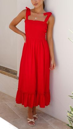 Embrace timeless allure in our Ruby Ruffle-Hem Midi Dress, a vision in red with delicate frills and a dance-ready skirt. Long Summer Dresses Maxi Casual, Long Summer Dresses Maxi, Weave Style, Suspender Dress, Long Summer Dresses, Swimwear Cover, Everyday Dresses, Summer Maxi Dress, Dress Red