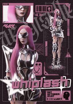 an advertisement featuring a woman with pink hair and futuristic garb, in front of a black background