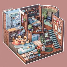 an illustrated drawing of a house that is in the middle of a living room and dining area