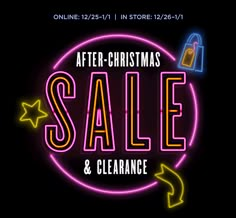 a neon sign that says after christmas sale and clearance with an arrow pointing to the right