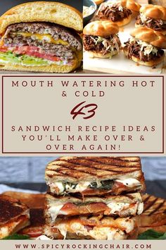 sandwiches and burgers with the text mouth watering hot & cold sandwich recipe ideas you'll make over and over again