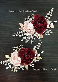 two hair combs with flowers and pearls on them sitting on a table next to each other