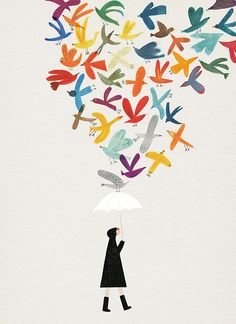 a woman holding an umbrella with birds flying out of it's wings above her head