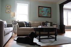 a black dog laying on top of a rug in a living room next to a couch