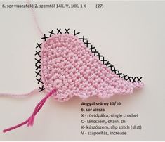 a close up of a piece of crochet on a white surface with pink thread