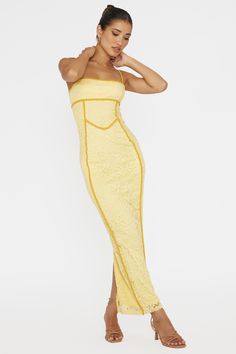 Shop the Inga Lace Piping Trim Midi Dress Yellow | Selfie Leslie Luxury Yellow Lace Dress, Spring Midi-length Lined Slip Dress, Fitted Sleeveless Midi Dress With Contrast Lace, Fitted Maxi Dress With Contrast Lace, Fitted Summer Midi Dress With Contrast Lace, Fitted Midi Dress With Contrast Lace For Summer, Chic Fitted Midi Dress With Contrast Lace, Spring Dress With Contrast Lace For Date Night, Chic Midi Dress With Contrast Lace