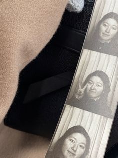 a woman's face is shown on the side of a black purse with four pictures of her