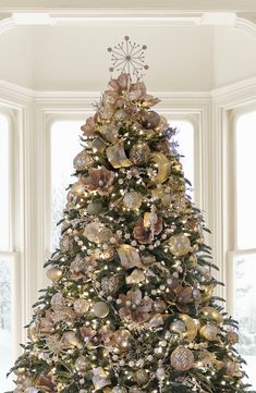 a decorated christmas tree in front of two windows with gold ornaments on the top and bottom