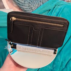 New With Tag. Fits Phone. Black Clutch With Zipper Closure, Trendy Black Everyday Wallet, Trendy Black Bag With Rfid Blocking, Black Wallets With Zipper Closure For On-the-go, Travel Stamp, Two Ladies, Red Wallet, Brown Wallet, Leather Frames