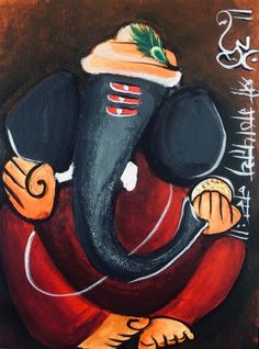 a painting of an elephant with a hat on it's head, sitting in front of a black background