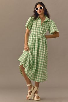 Rent Gingham Midi Shirt Dress from Nuuly. Pick 6 items for $98/month. Free shipping + returns. Ss23 Fashion, Sun Dress Casual, Gingham Fashion, Sewing Details, Fresh Dress, Embroidery Ribbon, Garment Sewing, Green Gingham, Midi Shirt Dress