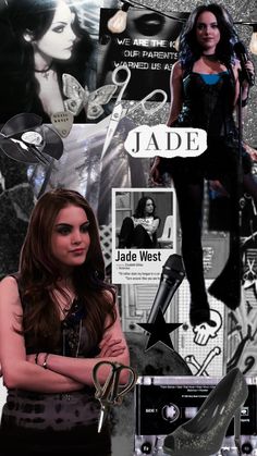 a collage of photos with women in black and white, including an ad for jade west