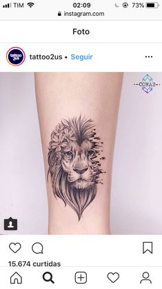 a tattoo on the leg of a woman with a lion's head and flowers