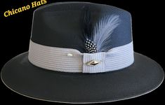 Goldline fine finish Black Viejo made with the finest cotton string, 2 1/2 brim, Gray band,real feather,pearl pin. Choice of flip up or down brim Classic Adjustable Gray Hat Band, Adjustable Feather Hat Bands For Summer, Pearl Pin, Cotton String, Band, Grey, Black