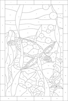 a coloring page with an image of a sea turtle in the water and bubbles on it