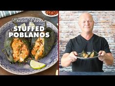 a man holding a plate with stuffed poblanos on it and another photo of the food