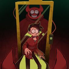 a cartoon character standing in front of a mirror with an evil demon behind him,