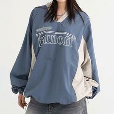 Blue Retro Top With Patchwork, Blue Retro Sweatshirt For College, Retro Blue Sweatshirt For College, Blue Tops With Letter Embroidery For Winter, Winter Blue Tops With Letter Embroidery, Blue Winter Tops With Letter Embroidery, Retro Blue College Sweatshirt, Blue Text Print Sweatshirt For Spring, Blue Tops With Letter Embroidery For Spring