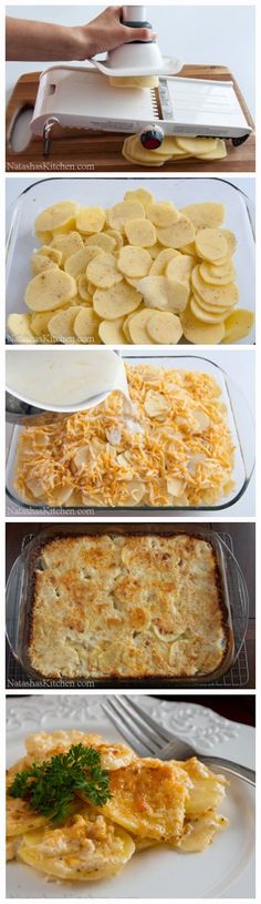 four different views of food in pans on top of each other, including potatoes and bread