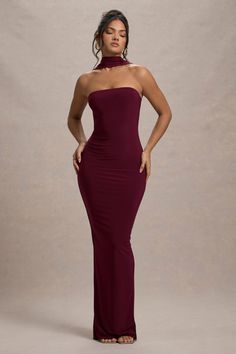 Nobu | Burgundy Bandeau Maxi Dress With Halter-Collar Burgundy Maxi Dress, Bandeau Maxi Dress, Club L London, Sleek Bun, Dinner Dates, Cute Dress Outfits, Black Dress Prom, Black Tie Gala, Party Dress Long Sleeve