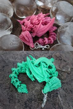 there are two pictures of different colored items on the rocks, one is pink and green