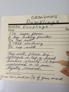 a handwritten recipe for grandma's dumplings