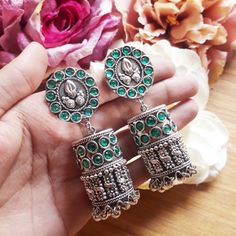 Add a touch of traditional elegance to your Navratri outfit with these stunning Oxidized Green Jhumka Earrings. These Indian Jhumka earrings are the perfect accessory to elevate your look for the festive season. Crafted with intricate details, these Jhumke earrings are a must-have for any jewelry collection. Stand out from the crowd and make a statement with these beautiful and unique Oxidized Jhumka Earrings! All items in my shop go through strict quality checks before being sent to you, so you Green Jhumka, Oxidized Jhumka, Oxidised Jewelry, Indian Jhumka, Jhumki Earrings, Jewelry Picture, Indian Earrings, Jhumka Earrings, Hello Gorgeous