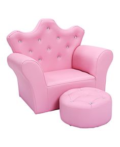 a pink children's chair and footstool with a small ottoman underneath it