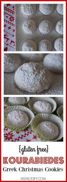 four different pictures of cookies with white powdered sugar on top and red trim around the edges