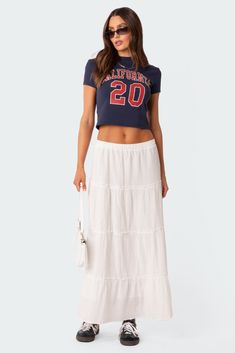 PRODUCT INFO Maxi skirt Tiered design 100% Cotton Model wears size S Model height is 5'9 Item care: Wash with similar color White Flowy Skirt Outfit, Tiered Skirt Outfit, Flowy Skirt Outfit, White Maxi Skirt Outfit, Alt Summer Outfits, White Skirt Outfits, Skirt Outfit Summer, Skirt Tiered, Maxi Skirts Summer