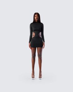 Mariah Black Mini Dress Fitted Mini Dress With Cut-out Waist For Night Out, Fitted Bodycon Dress With Cut-out Waist For Evening, Elegant Stretch Mini Dress With Cut-out Waist, Elegant Mini Dress With Stretch And Cut-out Waist, Chic Stretch Mini Dress With Cut-out Waist, Chic Mini Dress With Stretch And Cut-out Waist, Turtleneck Mini Dress For Date Night, Bodycon Mini Dress With Cut-out Waist For Night Out, Black Fitted Mini Dress With Cut-out Waist