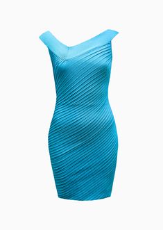 Asymmetrical v-shaped neckline. Party dress. Metallic linear texture. Product of France. Dry clean only. Wrinkle Resistant. Asymmetrical Fashion, King Of Prussia Mall, Texture Product, Dress Styling, Pleat Dress, Dresses Xxl, Asymmetrical Neckline, Knitwear Dress, Knitwear Design