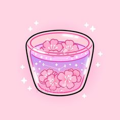 a bowl filled with pink flowers on top of a pink surface and stars around it