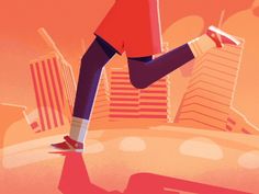 a man is running in the city with tall buildings