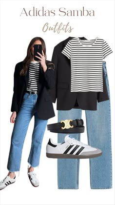 Women Outfit With Sneakers, Adidas Brown Shoes Outfit, Work Outfit With Nike Sneakers, Casual But Put Together Outfits, Blazer 77 Outfits For Women, Samba Classic Shoes Outfit, Trouser Jeans Outfit Work, Chic Outfits With Sneakers, Samba Outfit Winter