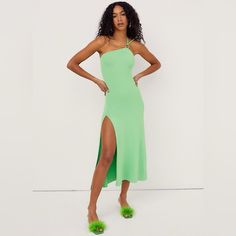 Lime Rib Knit Dress With Asymmetrical One Shoulder Strap, Cutouts Galore, Ring Detailing-This Dress Has It All! So Cute For Summer Green Spring Maxi Dress With Asymmetrical Neckline, Spring Green Maxi Dress With Asymmetrical Neckline, Yellow Midi Dress With Asymmetrical Neckline For Summer, Spring Green Midi Asymmetrical Dress, Spring Green Asymmetrical Midi Dress, Summer Asymmetrical Midi Dress With Side Slits, Spring Asymmetrical Midi Dress With Side Slits, Rib Knit Dress, Strappy Maxi Dress