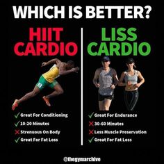 a poster with two men running and the words, which is better? hit cardio or less cardio