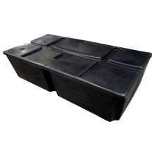 two black plastic storage bins on white background