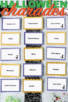 halloween name tags on a bulletin board with spider webs and sprinkles