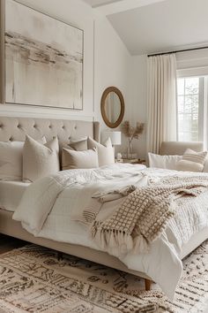 Transform Your Bedroom into a Cozy Retreat with Elegant Neutral Tones Neutral Bed Frames, Molding Bedroom, Bright And Airy Bedroom, Neutral Bedroom Decor Ideas, Textured Pillows, Botanical Bedroom, Vanilla Aesthetic, Airy Bedroom, Elegant Bedroom Decor