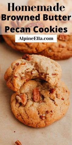 homemade brown butter pecan cookies stacked on top of each other with text overlay