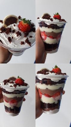 four different shots of a dessert in a plastic cup with whipped cream and strawberries on top