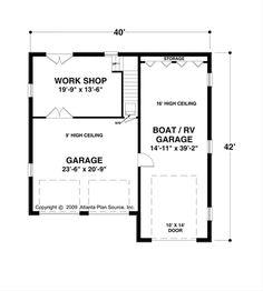 the first floor plan for a garage with loft and living area on one side,