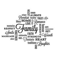 a family word cloud in black and white with the words love, faith, hope, marriage