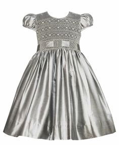 Anavini Girls Silver Silk Dress - Sparkle Smocked Bodice - Ribbon Detail at Waist Silver Silk Dress, Dress Sparkle, Smocking Patterns, Silver Silk, Dresses For Girls, Dress Drawing, Little Outfits, Formal Casual, Young Fashion